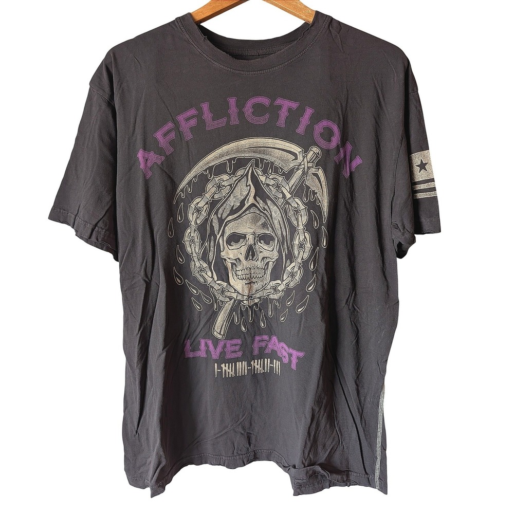 Affliction T-Shirt Mens 2XL Gray Live Fast Skull Reaper Graphic Biker MMA USA
